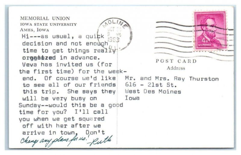 AMES, IA Iowa ~ MEMORIAL UNION Iowa State University 1963  Story County Postcard