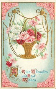 Embossed Postcard KLC 118 Kind Thoughts Best Wishes Basket of Carnations Floral