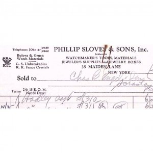 1935 NEW YORK PHILLIP SLOVES & SONS WATCHMAKER'S TOOLS BILLHEAD INVOICE  Z174