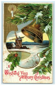 Vintage 1910's Christmas Gold Bell Windmill Gloraiaine Embossed Antique Postcard 