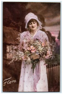 c1910's Flora Pretty Woman Pink Bonnet With Flowers Oilette Tuck's Postcard