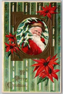 Christmas Greeting Santa in Golden Frame with Poinsettias Postcard J22