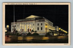 Trenton NJ-New Jersey Soldiers Sailors Memorial At Night, Vintage Linen Postcard 