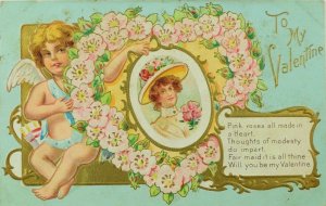 C.1910 Embossed Valentine's Postcard Cupid Heart Wreath Of Flowers Poem F31