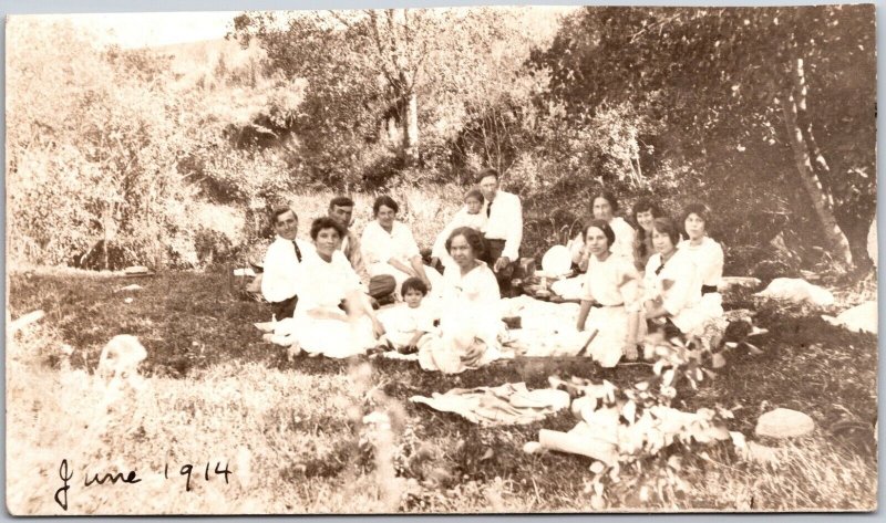 Family Picnic Dressed in Formal White Real Photo RPPC Davenport Postcard 1914