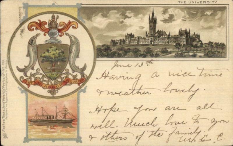 Glasgow University Heraldic Shield & Ship TUCK #893 c1900 Postcard