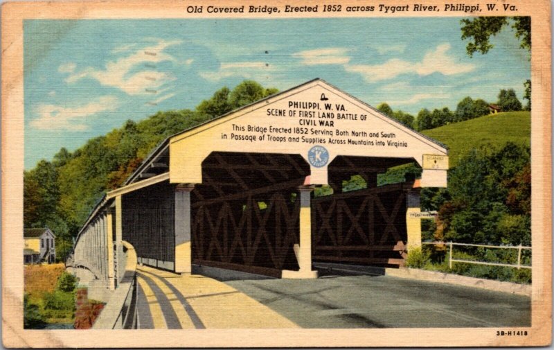 Linen Postcard Old Covered Bridge Over Tygart River in Philippi, West Virginia