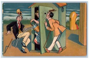 Mens Peeping Tom Postcard Bathing Beauty France Beach Bath House Comic Humor