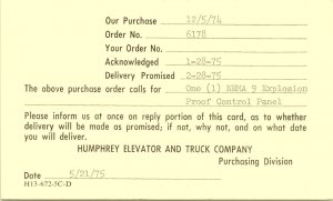 NEMA Explosion Proof Panel Humphrey Elevator and Truck Company Postcard 1975