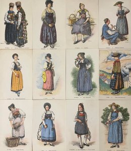 Lot of 12 vintage postcards Swiss national folk costumes Switzerland