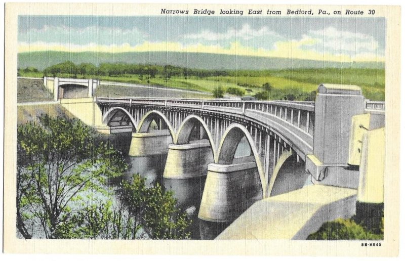 Narrows Bridge looking East from Bedford, Pennsylvania on Route 30 unused linen