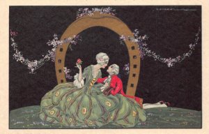 Art Deco by Tito Corbella Couple Flirting Horseshoe Love Romance postcard B901