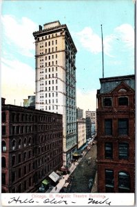 VINTAGE POSTCARD BEADED GLITTERED VIEW OF THE THEATRE DISTRICT OF CHICAGO 1906