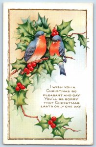 Christmas Postcard Holly Berries Song Birds Embossed Florence Wisconsin WI 1916