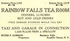Keeseville NY Rainbow Falls Tea Room Restaurant Business Card New York