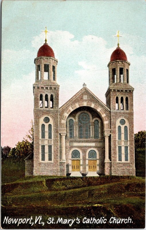 Historic St Marys Catholic Church Front View Newport Vermont DB Postcard 