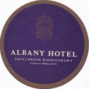 England Birmingham Smallbrook Albany Hotel Vintage Luggage Label sk3471