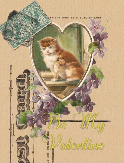 Single (1) Valentine's Day Postcard Kitten in Heart with Lavender Purple Violets