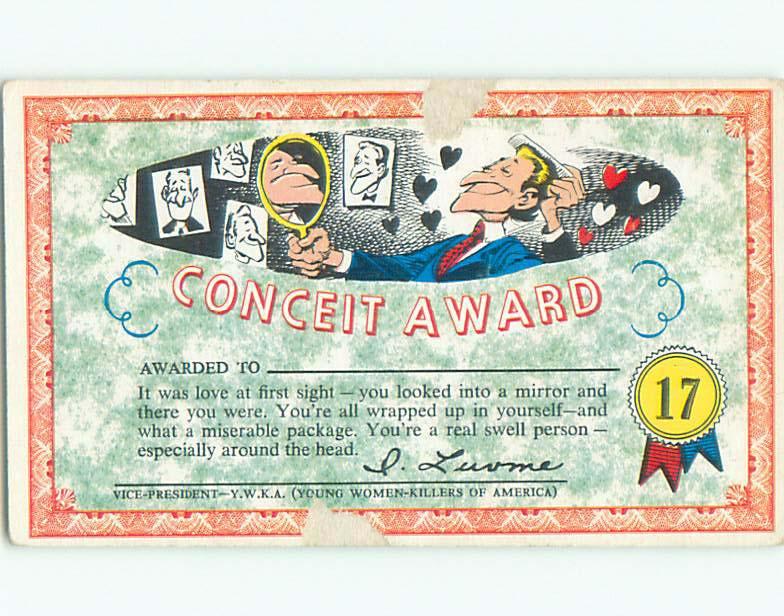 Unused Pre-Linen comic MAN WINS THE CONCEIT AWARD k9268