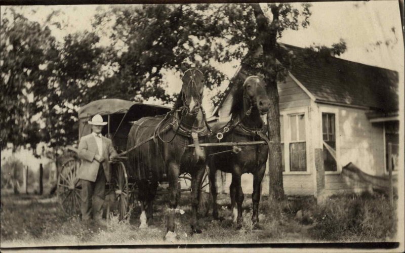 Man w/ Horse Wagon Team - Grainfield? KS? Aug 1908 Written on Back??? RPPC