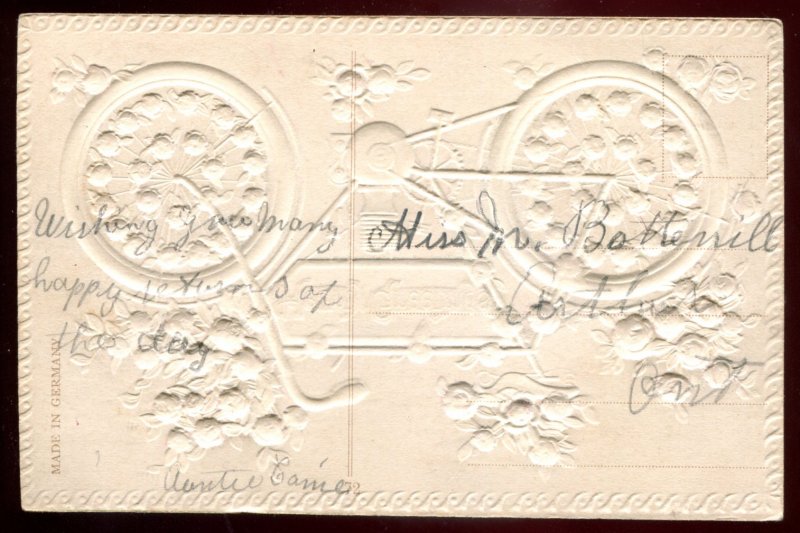 dc1382 - Hearty GREETINGS Postcard 1910s Embossed Roses & Motorcycle