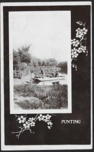 Punting Men in Rowboat & Flowers RPPC Used c1911