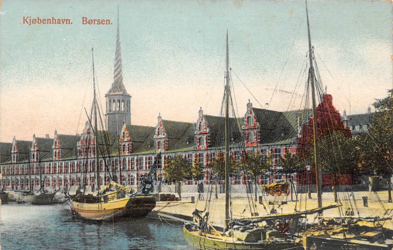 Sailing Ships Harbor View Borsen Copenhagen Denmark 1910c postcard