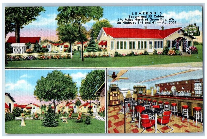 Green Bay Wisconsin WI Postcard Lemeron's Tavern And Cabins Scene 1940 Vintage