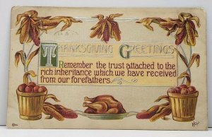 Thanksgiving Silver Gild Turkey Apple Basket Indian Corn A/S HOP  Postcard G17