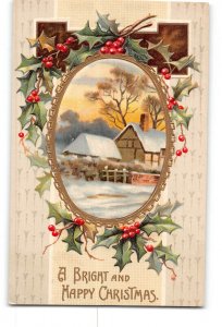 Happy Christmas Embossed Postcard 1910 Country Winter Scene Holly Berry