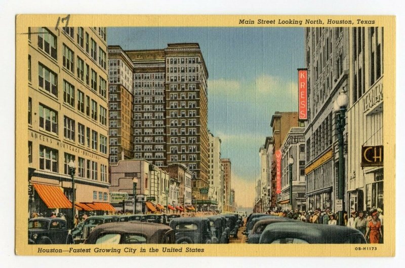 Postcard Main Street Looking North Houston Texas Standard View Card Old Cars 