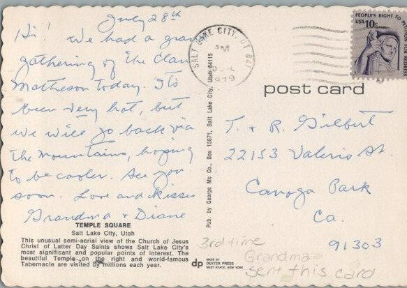 Temple Square Salt Lake City Utah Continental Chrome Postcard Posted 1973