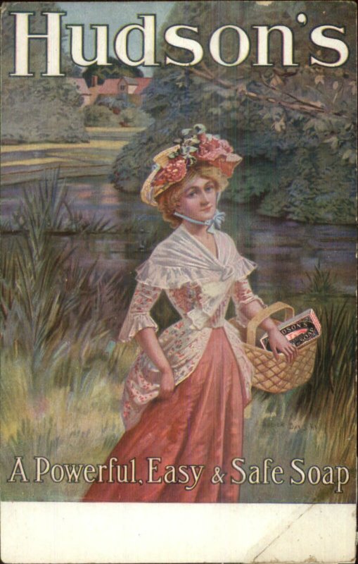 Beautiful woman Nature Dress Basket - HUDSON'S SOAP c1910 Postcard