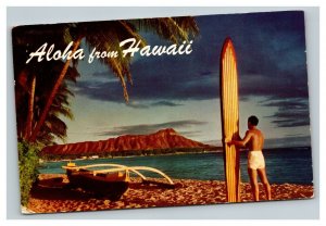 Vintage 1959 Postcard Aloha From Hawaii - Diamond Head Surfer with Longboard