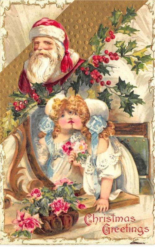 Christmas Red Suited Santa Claus Girl in Mirror Embossed Postcard