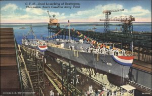 Charleston South Carolina SC Dual Launching Navy Destroyers Linen Postcard