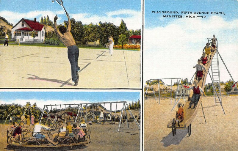 3 Scenes of Playground & Tennis Court, Fifth Ave. Beach, Manistee, MI, Unused 