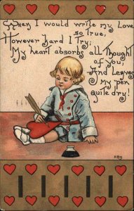 HBG Valentine Little Boy with Quill Pen Writing on Heart c1910 Vintage Postcard