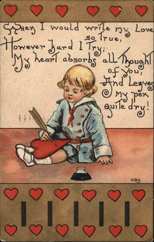 HBG Valentine Little Boy with Quill Pen Writing on Heart c1910 Vintage Postcard