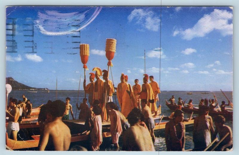 Postcard HI Aloha Day Celebrations King Kamehameha Warriors c1950 K17
