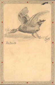 Duck Handmade Pencil Sketch Signed c1910s Postcard