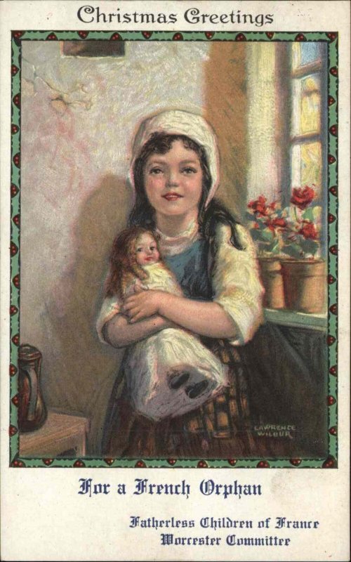 Wilbur WWI French Orphan Christmas Greetings Little Girl with Doll Vintage PC
