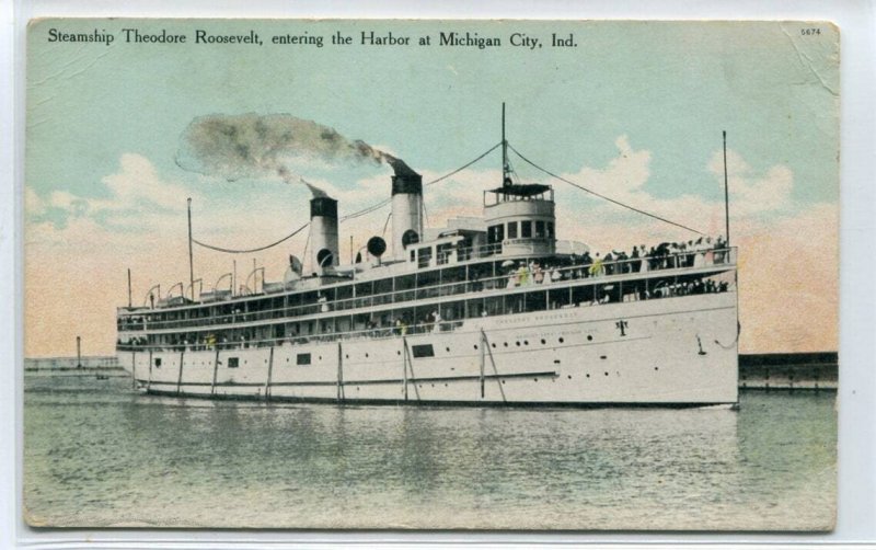 Steamer Theodore Roosevelt Michigan City Harbor Indiana 1910c postcard