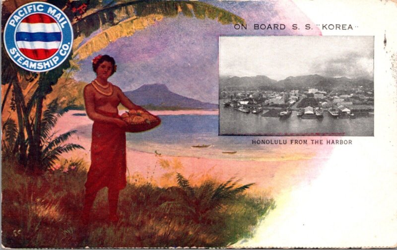 Advertising Pacific Mail Steamship Co S.S. Korea Honolulu Hawaii from the Harbor