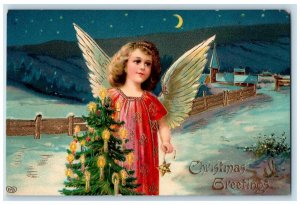 Christmas Greetings Angel Holding Christmas Tree Winter Gel Gold Gilt Postcard 