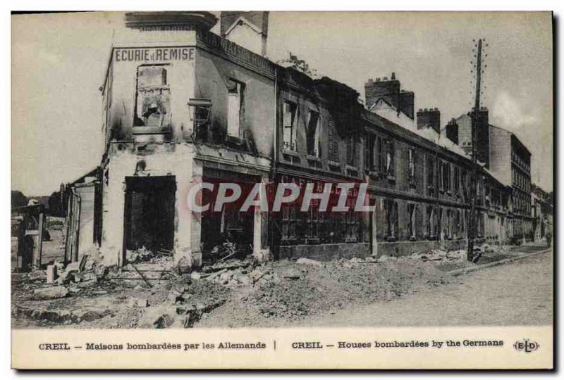 Postcard Old Billiard Creil houses bombed by the Germans Army Billiard Cafe