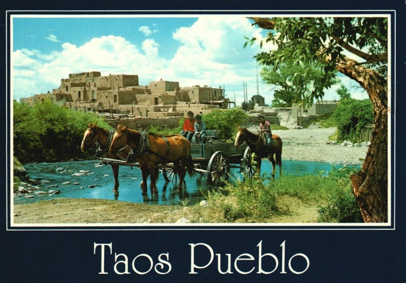 Vintage Postcard Taos Pueblo Wagon Horse Water Taos New Mexico 