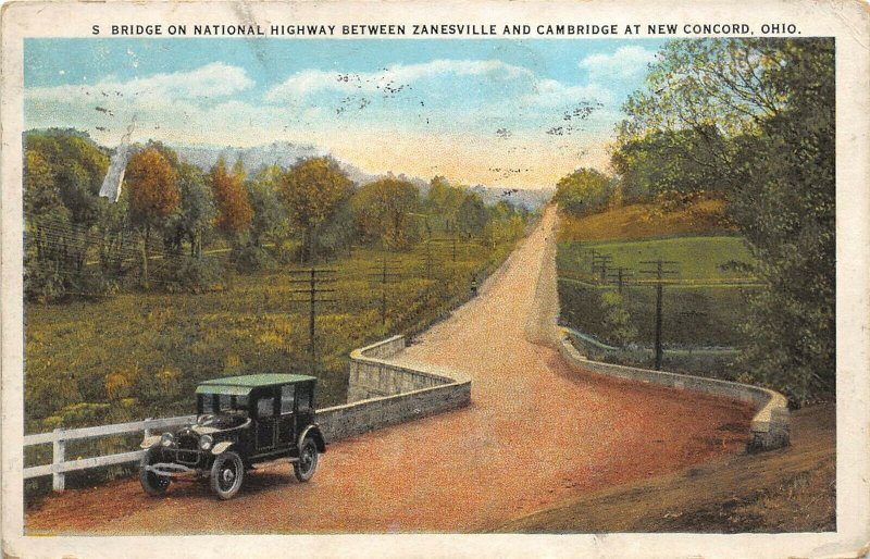 New Concord Ohio 1920s Postcard Bridge On National Highway Zanesville Cambridge 