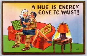 A Hug Is Energy Gone To Waist! Couple Hugging Romantic Time Comic Postcard