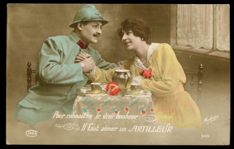 WWI Maurice Boulanger real photo card. Hand tinted. Il faut aimer un Artilleur.